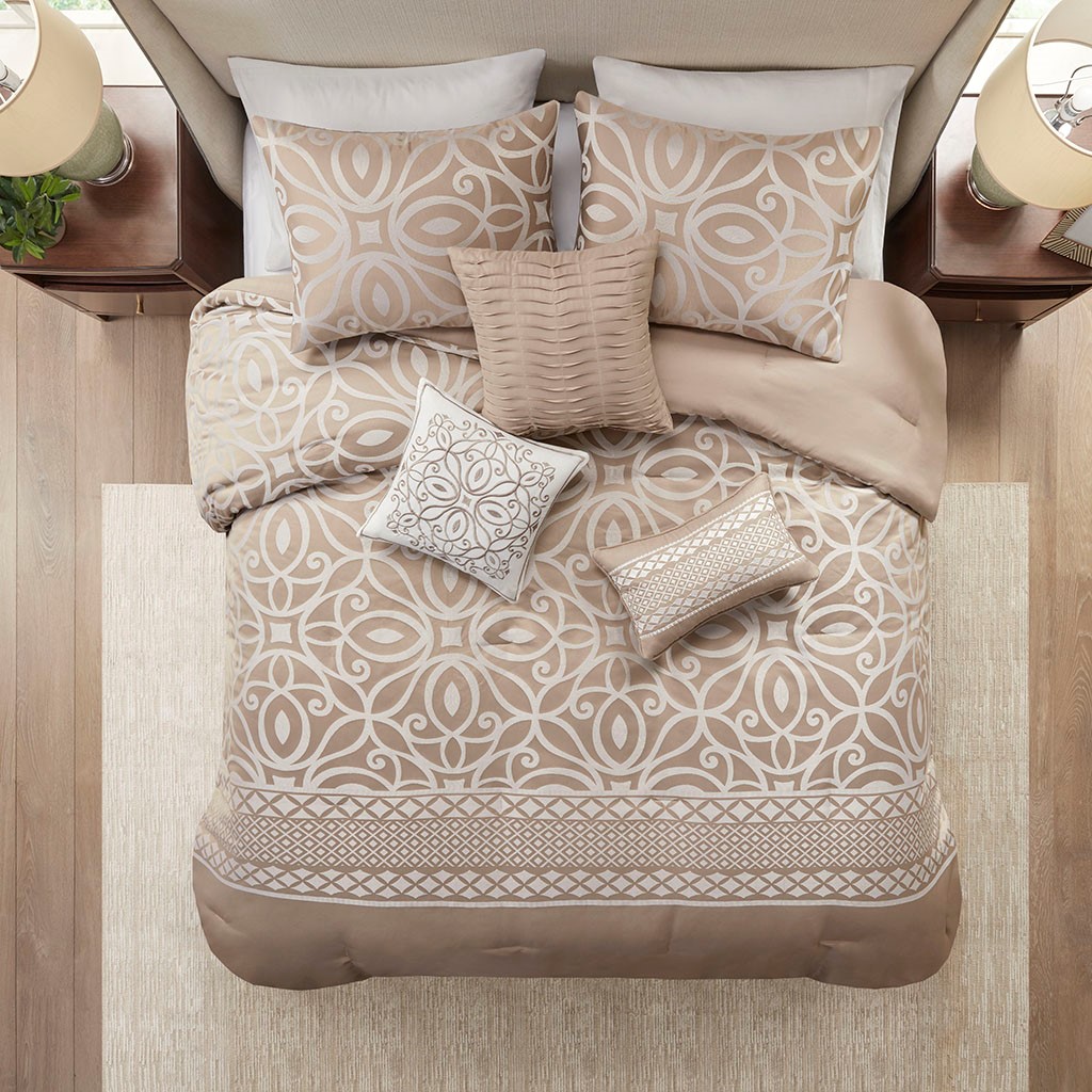 Carina 7 Piece Jacquard Comforter Queen Set Taupe Dwellings Home Trinidad